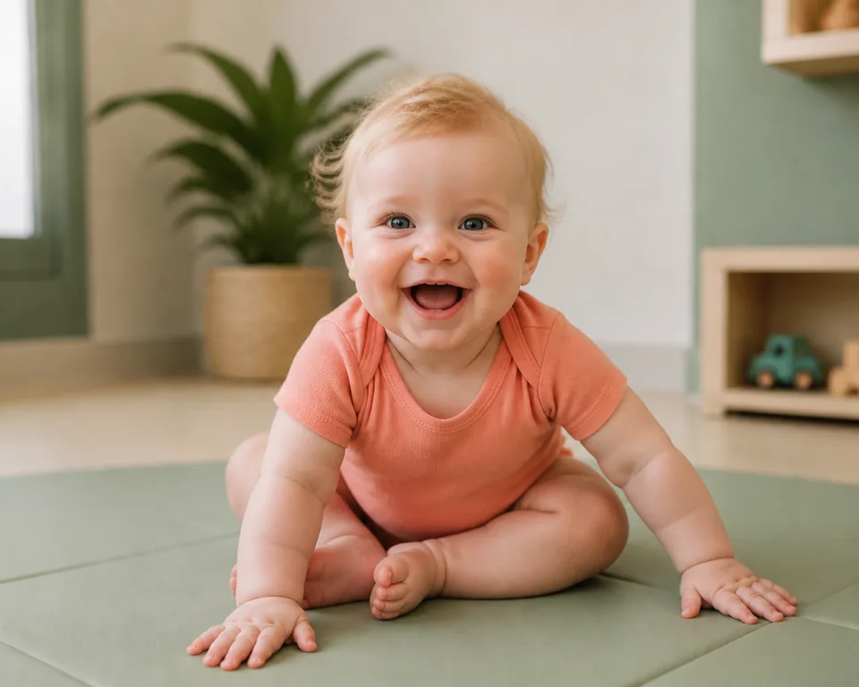 A laughing baby in a coral onesie sitting on a soft green play mat