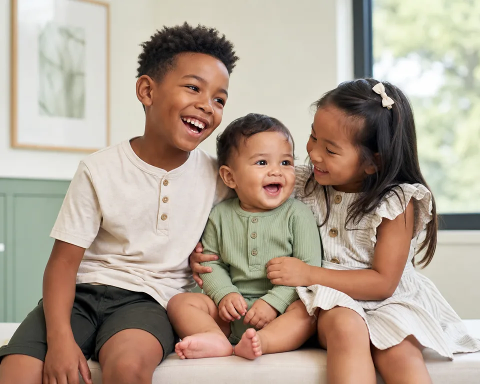 Three laughing children sitting together on a bench: a boy, a baby and a girl